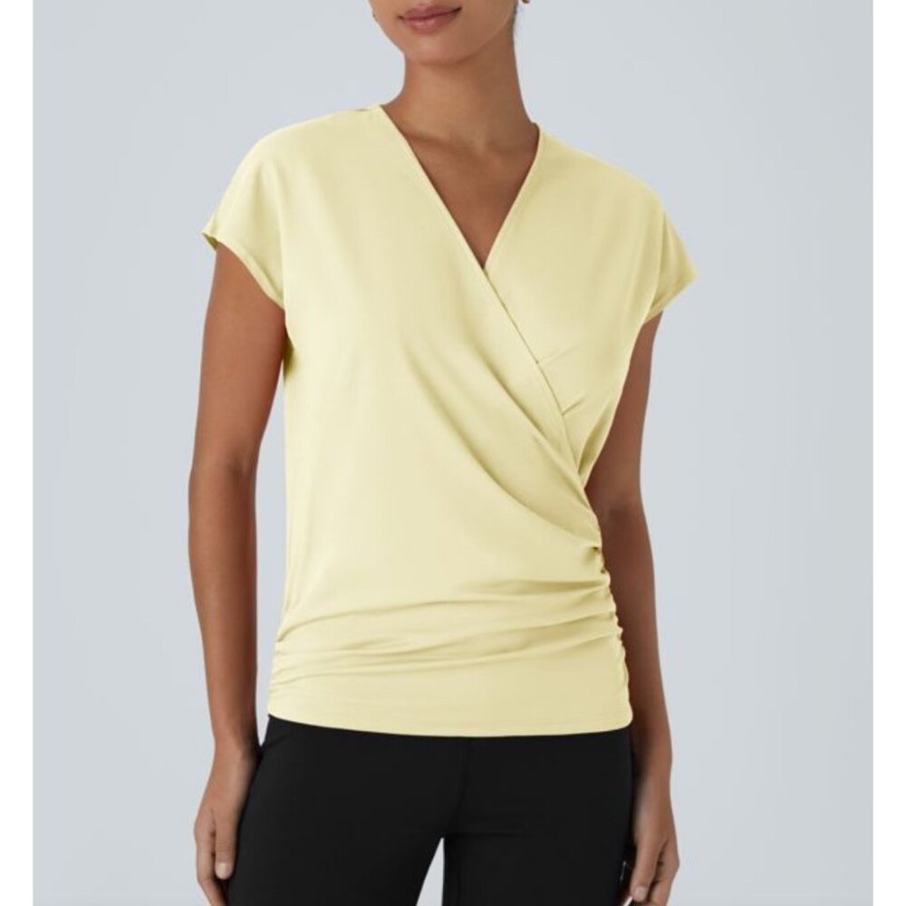 Halara V Neck Cap Sleeve Crossover Ruched Solid Work Blouse Sz Medium Womens Yel